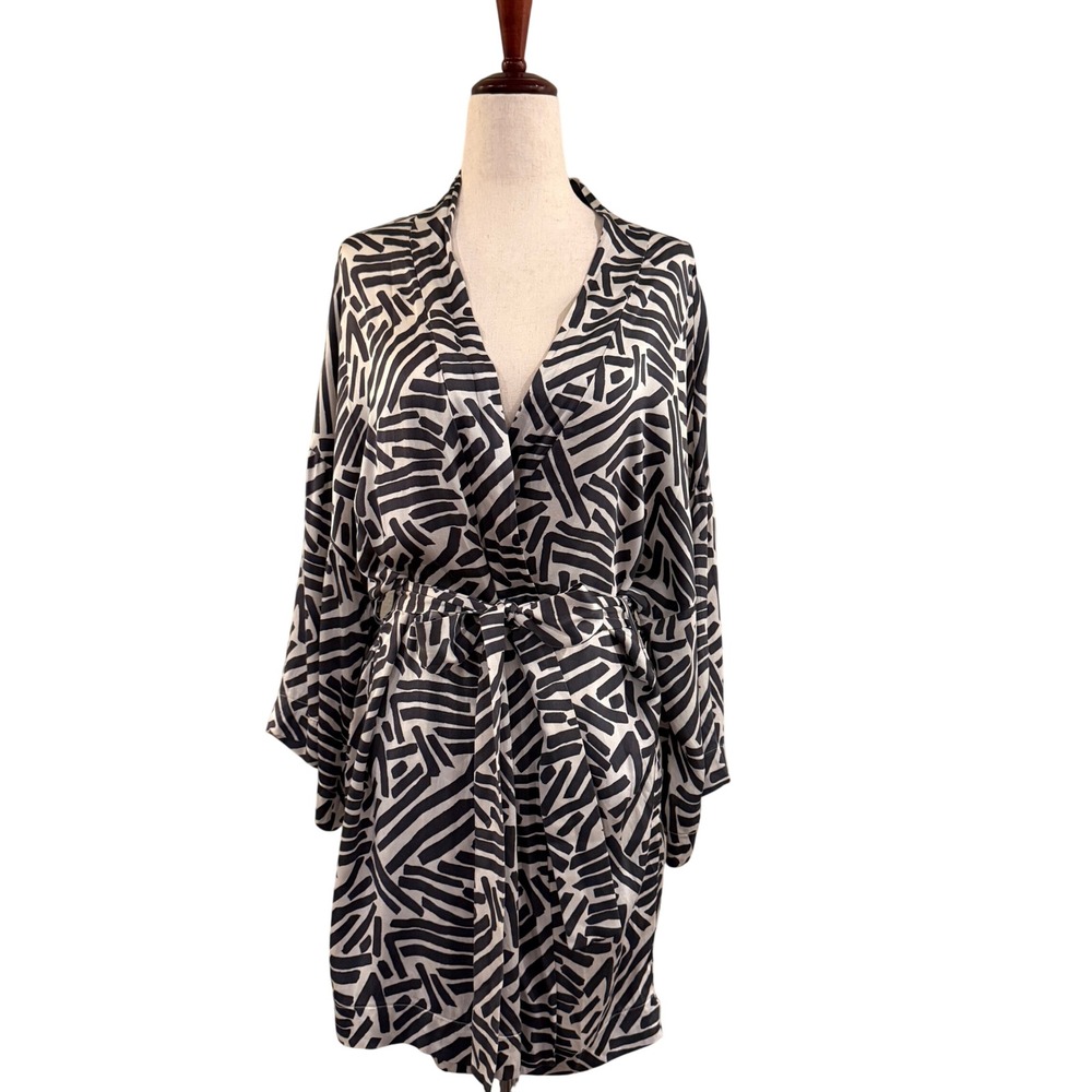 Hanro Silk Short Robe Women M Black White Abstract Print Luxury Loungewear